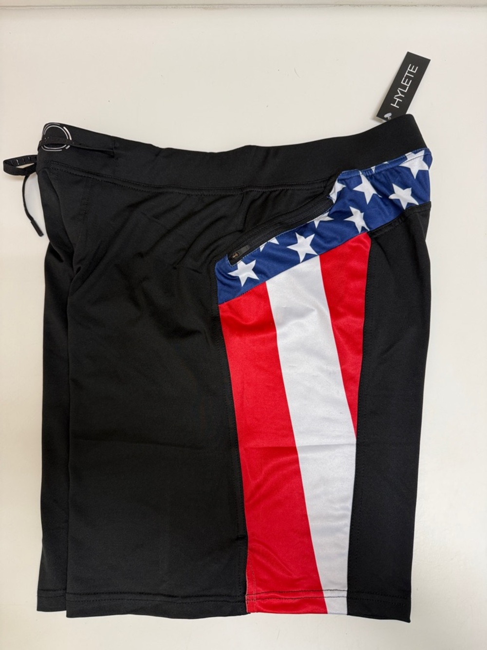 NWT Hylete Black Athletic Shorts with American Flag Side Panel